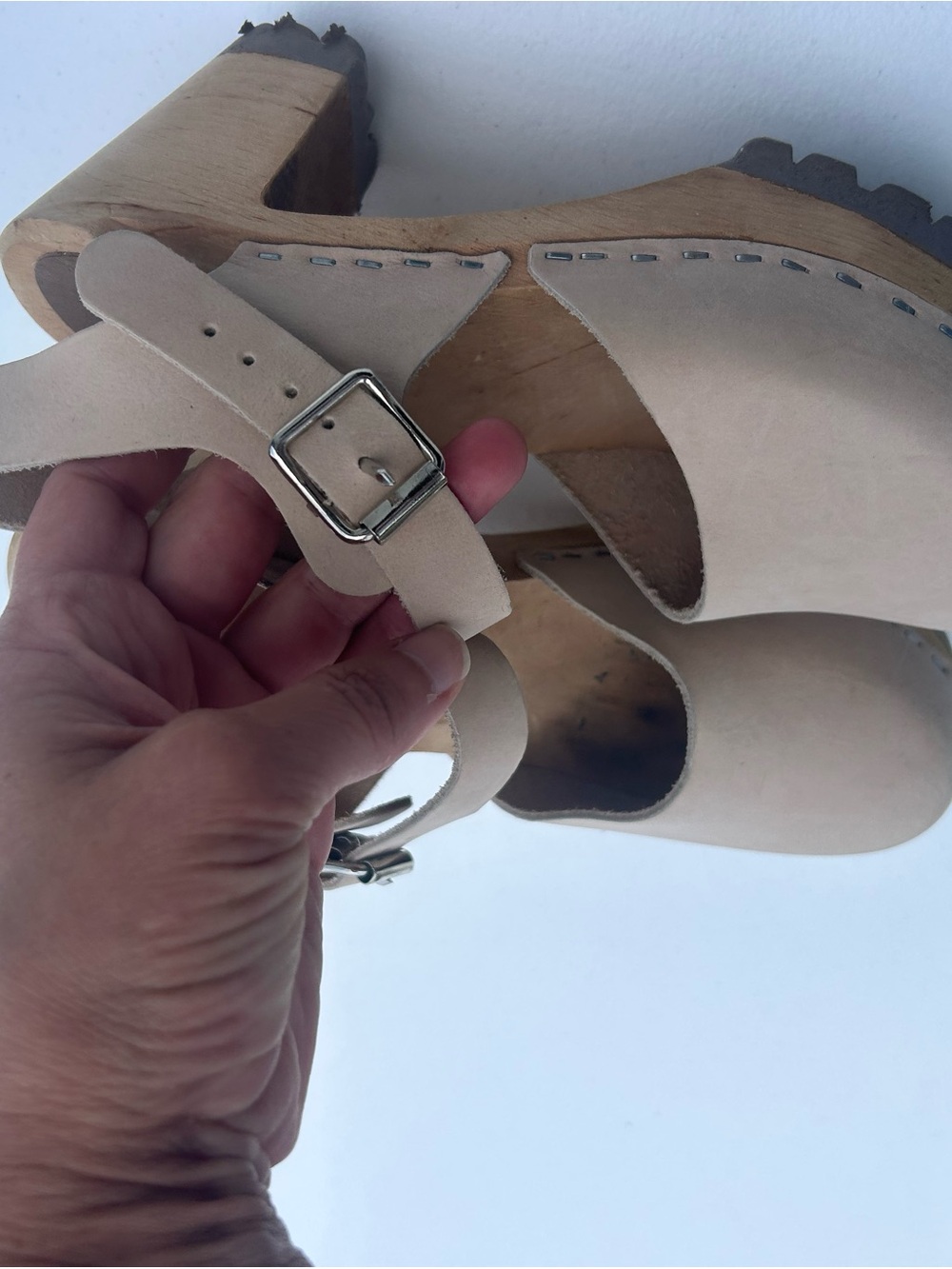 MIA Beige Leather Clog Heels with Wood Platform and Buckle - Picture 4 of 10
